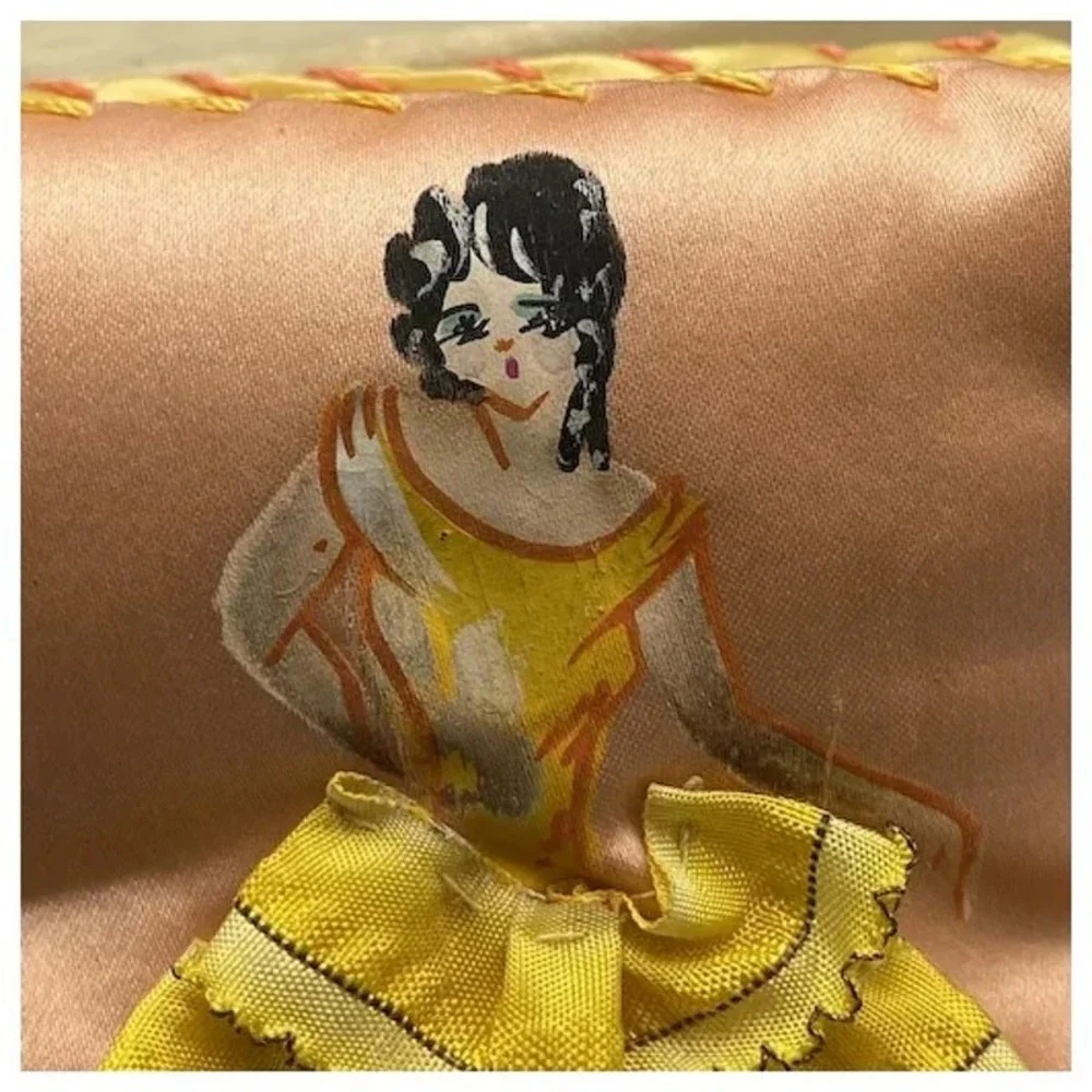 Vintage Handpainted Pillow Style Pincushion Girl‎ Ruffled Dress AS IS